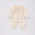 Cute baby girl long sleeve romper with delicate bow embroidery and sweet ruffle details. - 66cm / Tops / Apricot Rompers