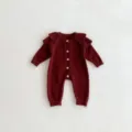Burgundy baby knit romper with flying sleeves and front buttons, cozy autumn newborn bodysuit. - 66cm / Red
