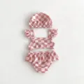 Rosa karierter Baby Mädchen Badeanzug 3-teiliges Set, süßer Kleinkind Bikini mit Badekappe. - Karo / 73cm