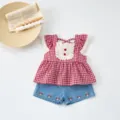 Toddler girls summer sweet red plaid ruffled sleeve blouse and denim shorts cute outfit set - Top And Bottom / 73cm / Red Plaid