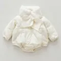 Baby winter padded romper with plush collar and cute bow, cozy off-white infant outfit. - 66cm / Short Romper
