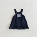 Toddler baby girl denim dress detail, white embroidery chest pattern, cute ruffle hem. - 73cm / Dresses