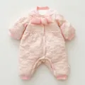 Infant baby winter cute pink quilted fleece-lined romper detail view with big bow - 66cm / Pink