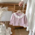 Cute baby girl knit cardigan with delicate white lace collar. Sweet autumn toddler knitwear. - 66cm / Purple
