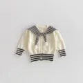 Baby girl striped sailor collar knit cardigan detail, cute white toddler sweater with pom-pom. - 73cm / Off White