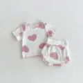 Ensemble été nouveau-né bébé t-shirt manches courtes côtelé et short à cœurs mignons - 66cm / Blanc Cassé