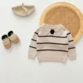 Infant baby striped lapel sweater knit top set with matching hat and shoes detail. - 66cm / Khaki & Black Stripes