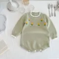 Baby girls knit romper cute floral embroidered long sleeve infant bodysuit fall autumn clothes - 73cm / Light Green Romper