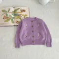 Baby girl knit cardigan sweater cute floral embroidery long sleeve toddler autumn outerwear top - 66cm / Purple