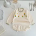 Baby knit floral embroidered long sleeve romper, cute autumn winter newborn baby one piece. - 66cm / White & Apricot Romper