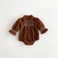 Brown corduroy baby romper detail, cute doll collar, smocked embroidery, long sleeves. - 66cm / Baby Romper / Brown