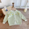 Infant baby green knit cardigan sweater with cute yellow floral embroidery and ruffles. - 66cm / Light Green Cardigan