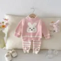 Infant autumn winter fuzzy pink rabbit sweater pants set, cute baby girl two piece loungewear. - Top And Bottom / Pink / 66cm