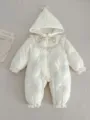 Niedlicher Baby Winter Kapuzen Strampler mit feiner Blumenstickerei, Borte und Wattierung - 73cm / Weiß