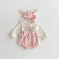 Joli ensemble d'automne pour bébé fille avec chapeau oreilles de lapin et barboteuse à carreaux. - 66cm / Rose