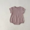 Baby Ribbed Short Sleeve Romper Solid Color Infant Bodysuit Cute Summer Toddler Jumpsuit - 73cm / Set / Dark Pink