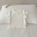 Baby ribbed cotton short sleeve t-shirt with pocket, minimalist solid color daily wear. - 66cm / Tops / Off White
