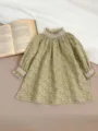 Infant baby toddler long sleeve dress olive green floral smocked collar cute style - 73cm / Green Floral Dress
