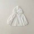 Baby white hooded cardigan, breathable lightweight cotton sun protection jacket with dot pattern. - 66cm / White