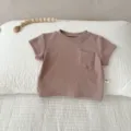 Infant ribbed short sleeve t-shirt solid color baby casual top with pocket for summer. - 73cm / Tops / Dark Pink