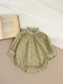 Baby floral long sleeve romper with ruffled collar, cozy vintage infant clothing detail view. - 90cm / Green Floral Romper