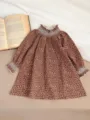 Infant baby girl long sleeve floral dress korean style cute toddler princess clothing - 80cm / Brown Floral Dress