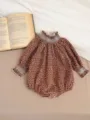 Infant baby girl brown floral long sleeve romper with cute lace smock collar and cuffs design. - 90cm / Brown Floral Romper