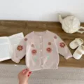 Cute baby knitted cardigan detail, vintage floral embroidery design, soft and warm fabric. - 66cm / Beige Apricot