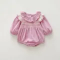 Sweet long sleeve baby girl romper featuring cute ruffled collar and delicate lace details. - 73cm / Tops / Purple Romper