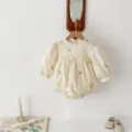 Infant baby girl long sleeve floral embroidered romper detail scene light yellow fabric - 100cm / Apricot Rompers