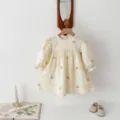 Close-up detail of toddler girls cream long sleeve dress with delicate floral embroidery. - 80cm / Apricot Skirt
