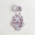 Cute baby girl floral one-piece swimsuit with matching hat, perfect for summer beach fun. - 66cm / Flower