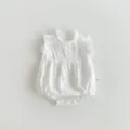 Sleeveless cotton baby romper detail, cute ruffles and stand collar design for infant girls. - 80cm / Off White