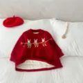 Delizioso abito maglione in maglia foderata per bambine con ricamo coniglietto fatto a mano. - 73cm / Tre conigli rossi foderati in pile