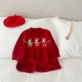 Abito in maglia rossa per neonata con simpatici coniglietti ricamati e morbida fodera calda. - 73cm / Tre conigli rossi
