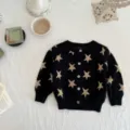 Infant baby girl knit cardigan sweater with gold stars pattern, soft cotton long sleeve top. - 66cm / Black