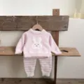 Cozy baby fleece pajama set with cute bunny design, soft warm long sleeve top and striped pants. - 73cm / Top And Bottom / Pink