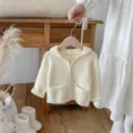 Detailed view of kids solid hooded knit cardigan in cream white, cozy zipper sweater top. - 73cm / Off White