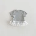 Γκρι κονtoμάνικο t-shirt για κορίτσια με λευκό δαντελωτό στρίφωμα καλοκαιρινό top - 73cm / Γκρι