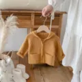 Girls solid color hooded knitted sweater coat, cute autumn winter baby warm cardigan top. - 73cm / Yellow