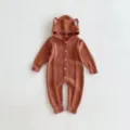 Cute baby knit romper with adorable bear ears and front buttons for autumn daily wear. - Brown / 66cm