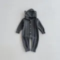 Autumn baby knitted hooded romper with cute bear ears, cable knit texture and wooden buttons. - Mixed Grey / 66cm