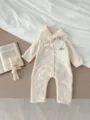 Infant baby winter thick warm quilted jumpsuit with cute bow collar, soft cotton material. - 100cm / Beige