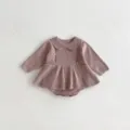 Infant baby knitted ruffle romper detail view, soft long sleeve dress bodysuit for cold seasons. - 66cm / Pink