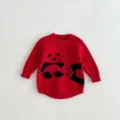Detailed view of baby red knit romper featuring a cute black cartoon panda pattern, soft fabric. - Red / 66cm