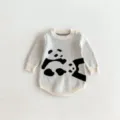 Cute baby knit romper long sleeve infant bodysuit with black panda pattern knitwear - White Apricot / 66cm