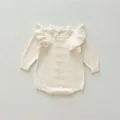 Infant baby knitted romper with cute ruffles and long sleeves, warm autumn winter wear. - White Apricot / 66cm