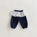Toddler floral leggings with white lace frill, cute baby pants detail shot for autumn wear. - Sapphire Blue / 73cm