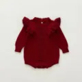 Red baby knitted romper with flying sleeves and hollow out pattern for autumn winter - Burgundy / 73cm