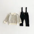 Baby knit sweater and overalls set, striped long sleeve top and cute suspender pants. - 66cm / Black